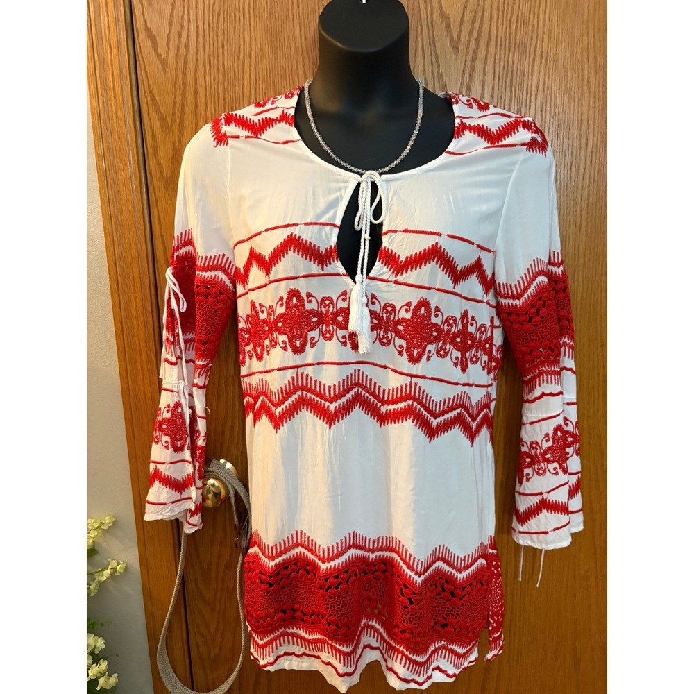 La Blanca White Red Embroidered Crochet Lace Tassel Swim Cover Up Dress Large